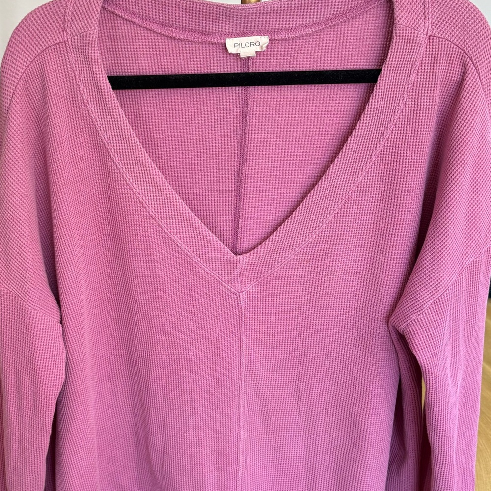 Pilcro Rose Pink V-Neck Waffle Knit Pullover